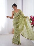 Sea Green Soft Gold Crush Embroidered Designer Saree with Blouse