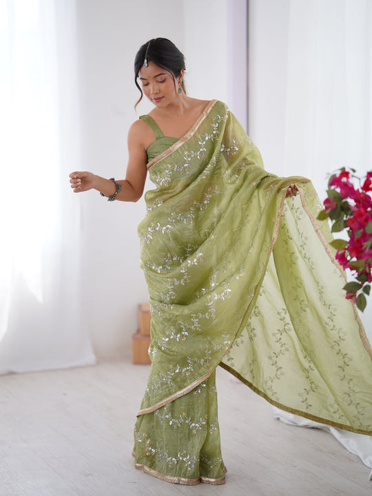 Sea Green Soft Gold Crush Embroidered Designer Saree with Blouse