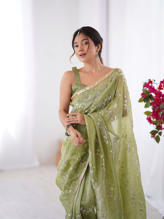 Sea Green Soft Gold Crush Embroidered Designer Saree with Blouse