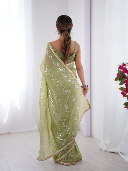 Sea Green Soft Gold Crush Embroidered Designer Saree with Blouse
