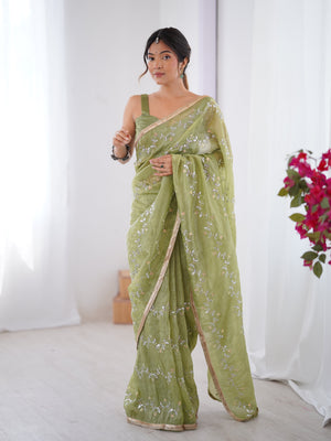 Sea Green Soft Gold Crush Embroidered Designer Saree with Blouse