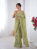 Sea Green Soft Gold Crush Embroidered Designer Saree with Blouse