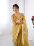 Mustard Soft Gold Crush Embroidered Designer Saree with Blouse