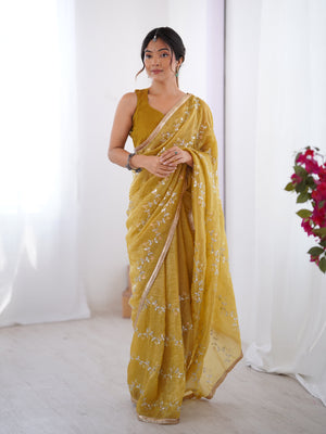 Mustard Soft Gold Crush Embroidered Designer Saree with Blouse