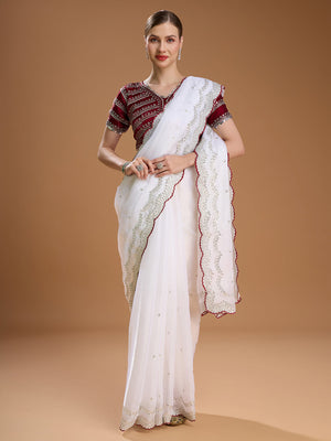 White Jimmy Choo Sequins Embroidered Designer Saree with Blouse