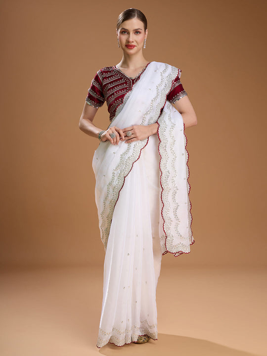 White Jimmy Choo Sequins Embroidered Designer Saree with Blouse