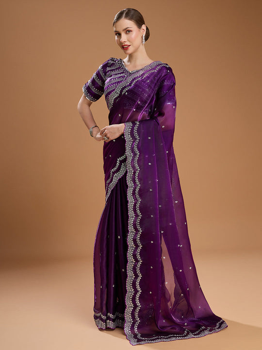 Purple Jimmy Choo Sequins Embroidered Designer Saree with Blouse