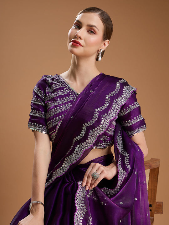 Purple Jimmy Choo Sequins Embroidered Designer Saree with Blouse