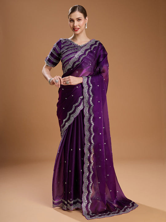 Purple Jimmy Choo Sequins Embroidered Designer Saree with Blouse