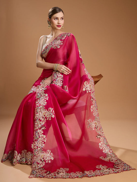 Rani Pink Jimmy Choo Embroidered & Coding Designer Saree with Blouse