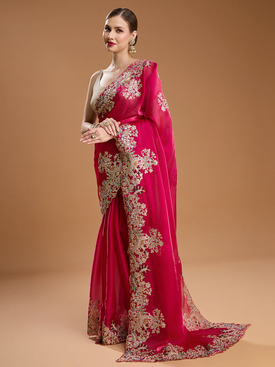 Rani Pink Jimmy Choo Embroidered & Coding Designer Saree with Blouse