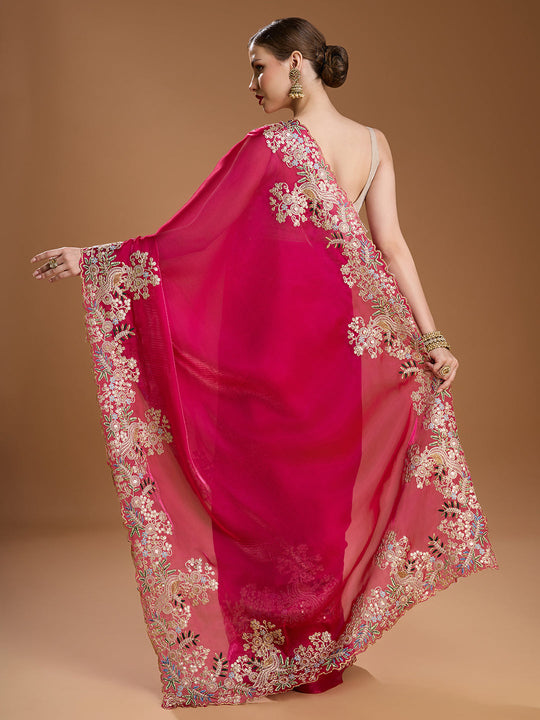 Rani Pink Jimmy Choo Embroidered & Coding Designer Saree with Blouse