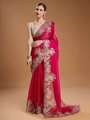 Rani Pink Jimmy Choo Embroidered & Coding Designer Saree with Blouse
