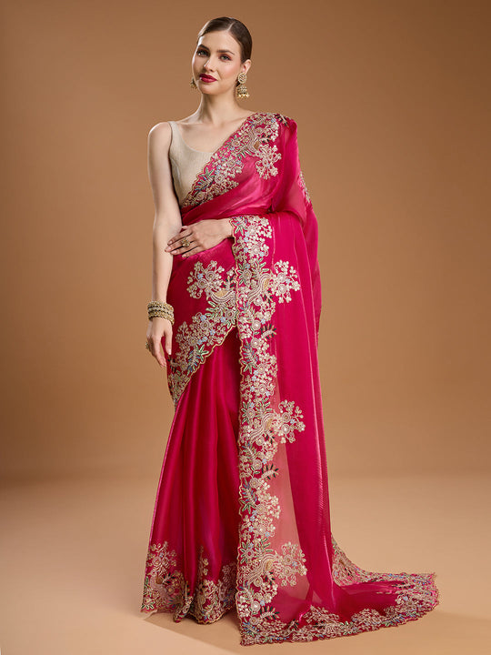 Rani Pink Jimmy Choo Embroidered & Coding Designer Saree with Blouse