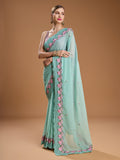 Sky Blue Chiffon Satin Embroidered Designer Saree with Blouse