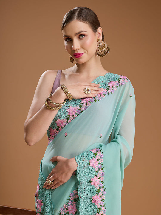 Sky Blue Chiffon Satin Embroidered Designer Saree with Blouse