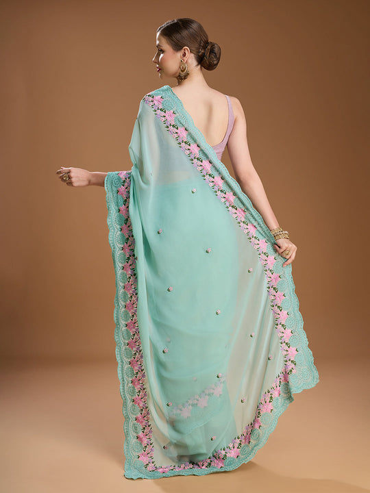 Sky Blue Chiffon Satin Embroidered Designer Saree with Blouse