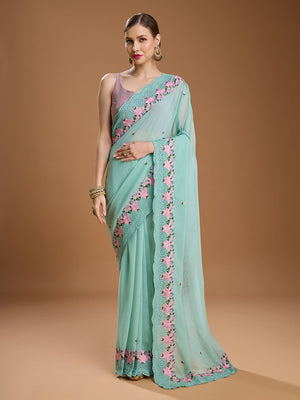 Sky Blue Chiffon Satin Embroidered Designer Saree with Blouse