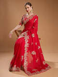 Red Jimmy Choo Embroidered & Coding Designer Saree with Blouse