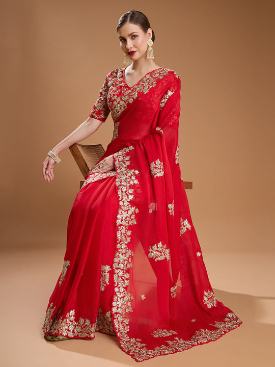 Red Jimmy Choo Embroidered & Coding Designer Saree with Blouse