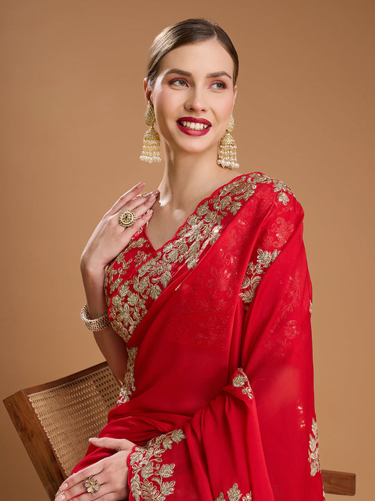 Red Jimmy Choo Embroidered & Coding Designer Saree with Blouse
