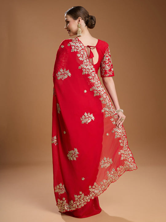 Red Jimmy Choo Embroidered & Coding Designer Saree with Blouse