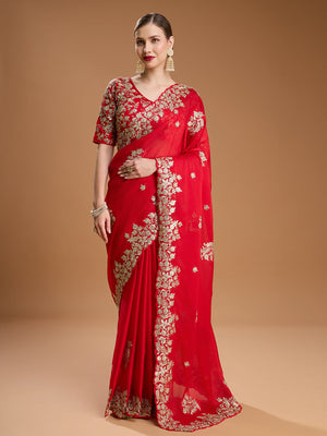 Red Jimmy Choo Embroidered & Coding Designer Saree with Blouse