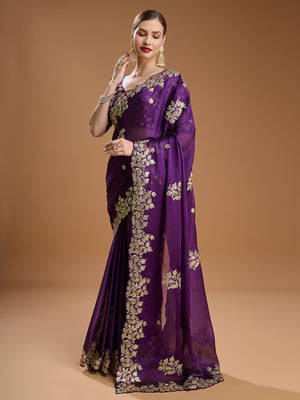 Georgette Chiffon With Flower Print With Embroidered Foil Work Saree