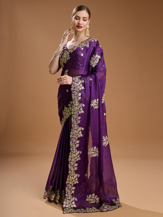 Purple Jimmy Choo Embroidered & Coding Designer Saree with Blouse