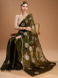 Dark Green Jimmy Choo Sequins Embroidered Designer Saree with Blouse