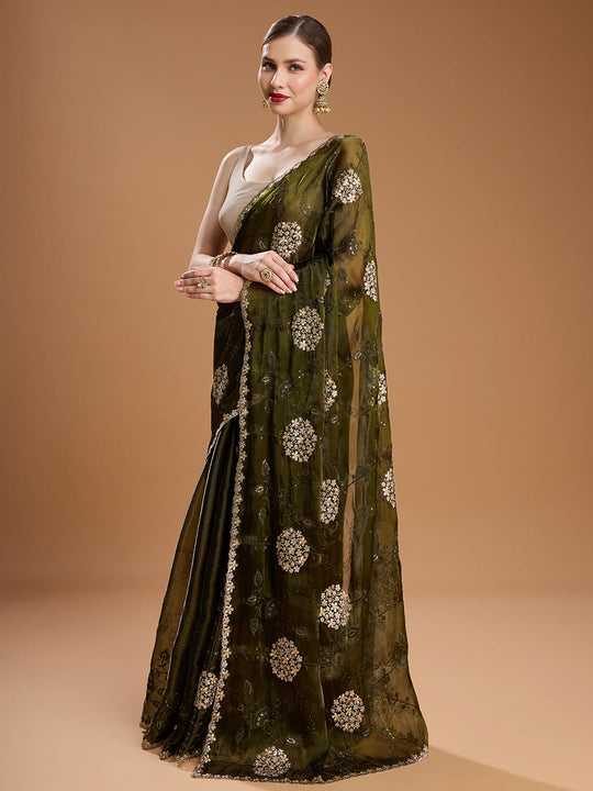 Dark Green Jimmy Choo Sequins Embroidered Designer Saree with Blouse
