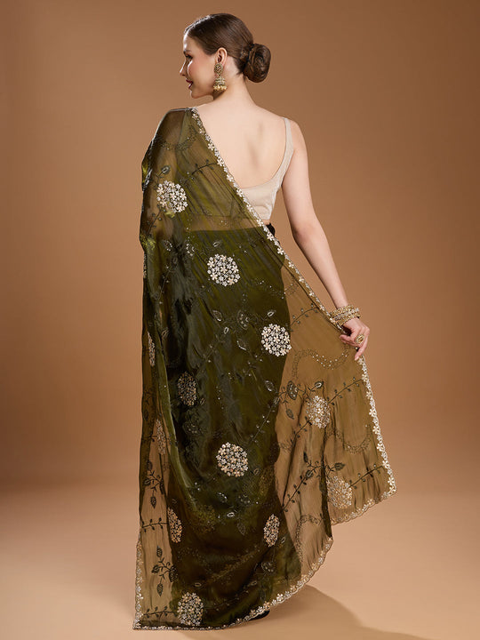 Dark Green Jimmy Choo Sequins Embroidered Designer Saree with Blouse