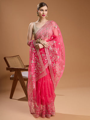 Pink Net Sequins Embroidered Designer Saree with Blouse