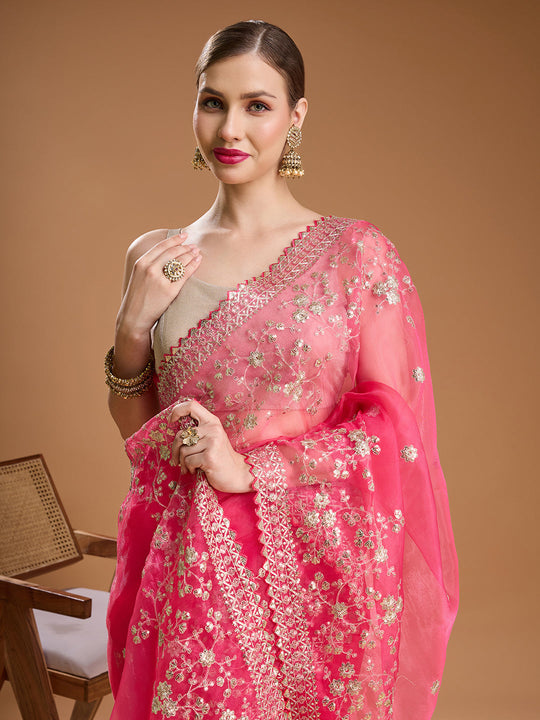 Pink Net Sequins Embroidered Designer Saree with Blouse