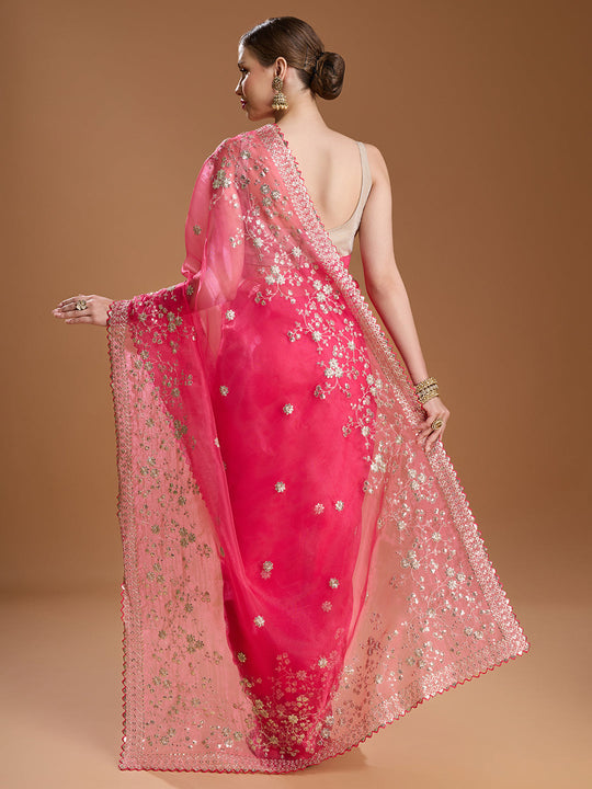 Pink Net Sequins Embroidered Designer Saree with Blouse