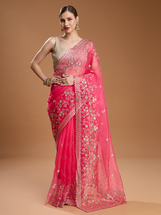 Pink Net Sequins Embroidered Designer Saree with Blouse