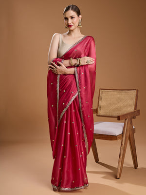 Gajri Red Jimmy Choo Sequins Embroidered Designer Saree with Blouse