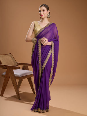 Purple Georgette Sequins Embroidered Designer Saree with Blouse