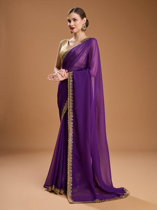 Purple Georgette Sequins Embroidered Designer Saree with Blouse
