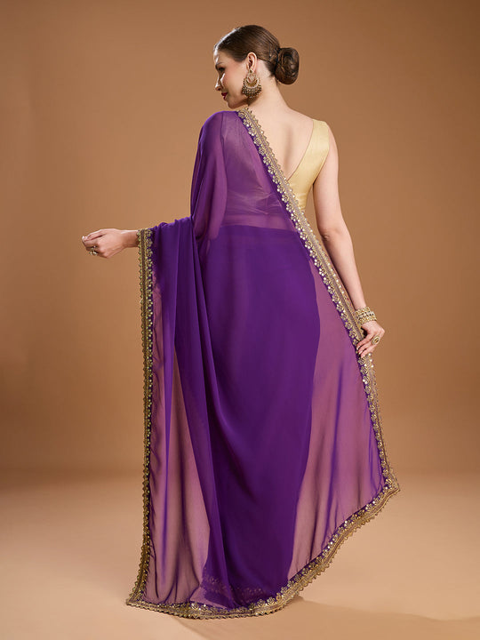 Purple Georgette Sequins Embroidered Designer Saree with Blouse