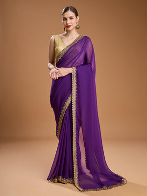Purple Georgette Sequins Embroidered Designer Saree with Blouse