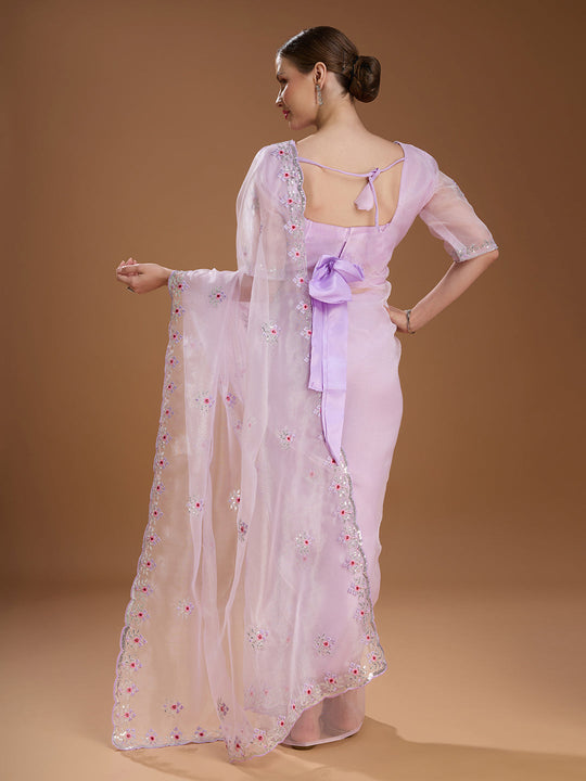 Light Purple Net Sequins Embroidered Designer Saree with Blouse