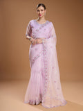 Light Purple Net Sequins Embroidered Designer Saree with Blouse