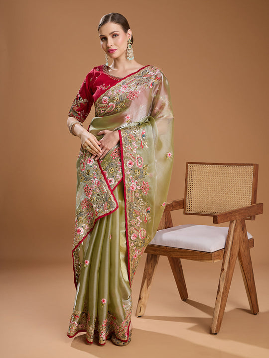 Sea Green Jimmy Choo Sequins Coding Embroidered Designer Saree with Blouse