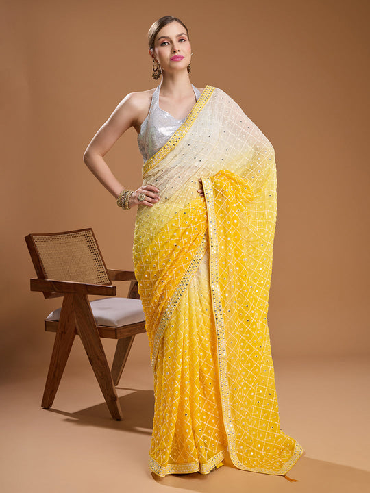 Yellow Georgette Embroidered Mirror Designer Saree with Blouse