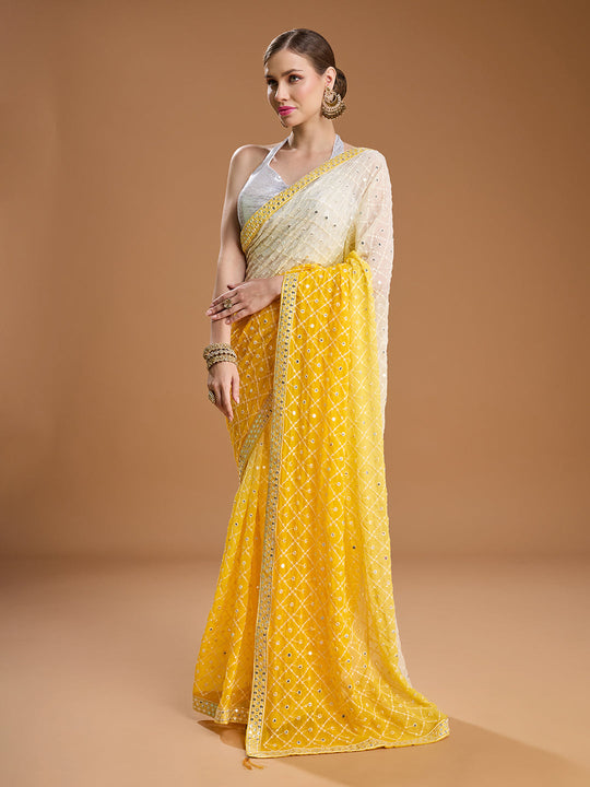 Yellow Georgette Embroidered Mirror Designer Saree with Blouse