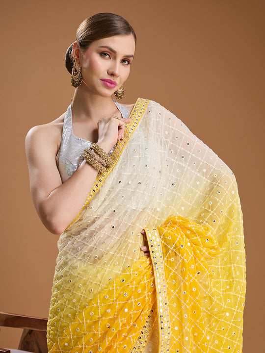 Yellow Georgette Embroidered Mirror Designer Saree with Blouse