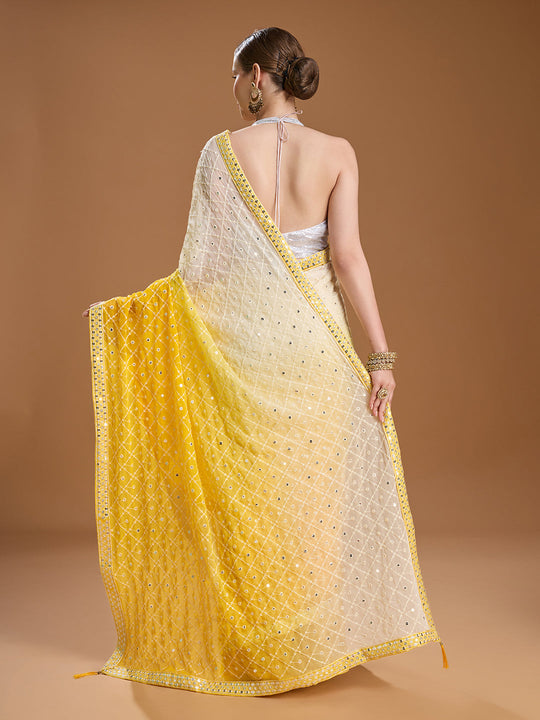 Yellow Georgette Embroidered Mirror Designer Saree with Blouse