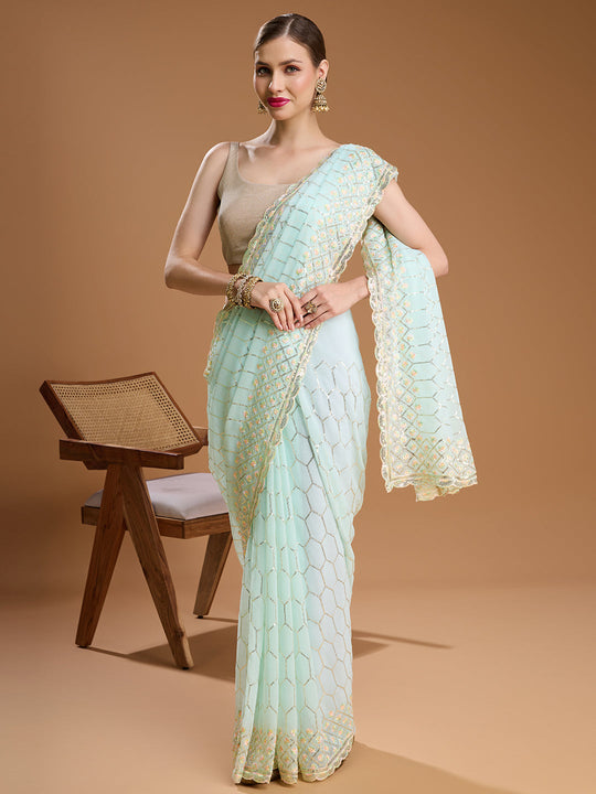 Sky Blue Georgette Sequins Embroidered Designer Saree with Blouse