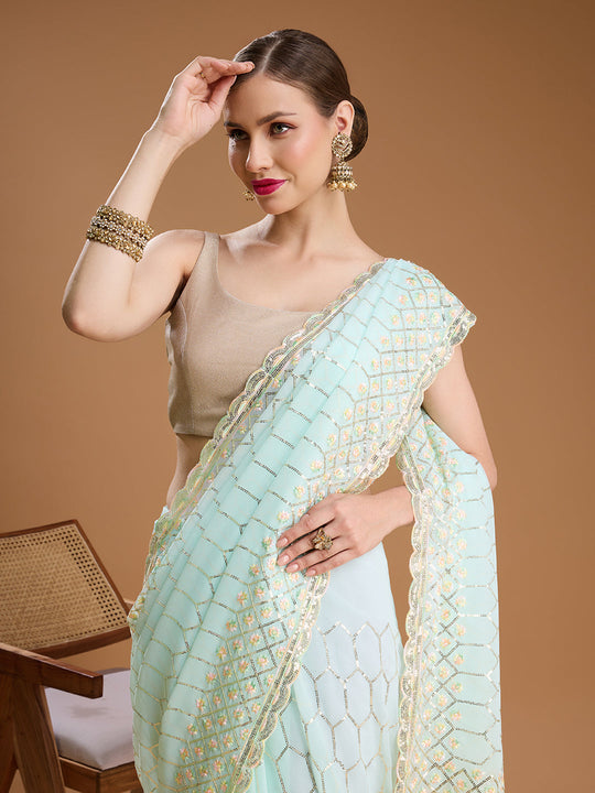 Sky Blue Georgette Sequins Embroidered Designer Saree with Blouse